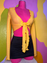 Load image into Gallery viewer, Hot pink Mannequin wearing a yellow cropped tie top with a black mini skirt
